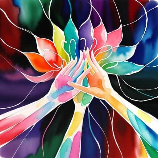Colourful abstract artwork of hands meeting in the shape of a lotus flower, symbolising connection and shared creativity.