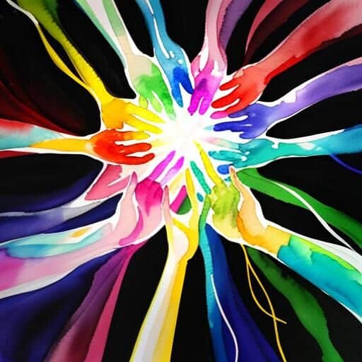 Colourful circle of hands forming a starburst, representing belonging and shared creativity.