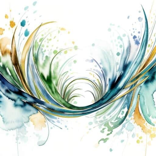 Abstract watercolour painting with swirling green, blue, and gold forms leading inward, creating the impression of a path into depth — symbolizing guidance, exploration, and becoming.