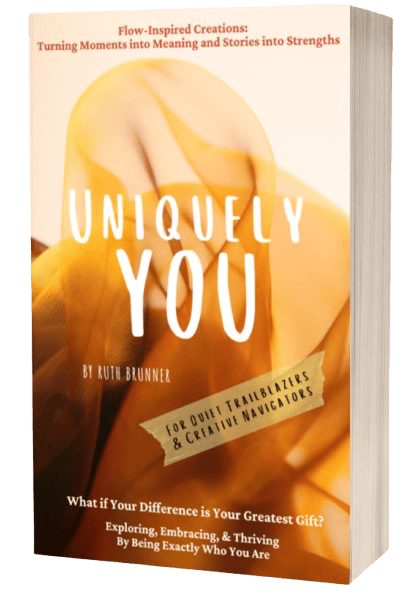 Cover of Uniquely You by Ruth Brunner – abstract golden ochre veil with bold white title text. An invitation into self-belonging, mystery, and meaning.