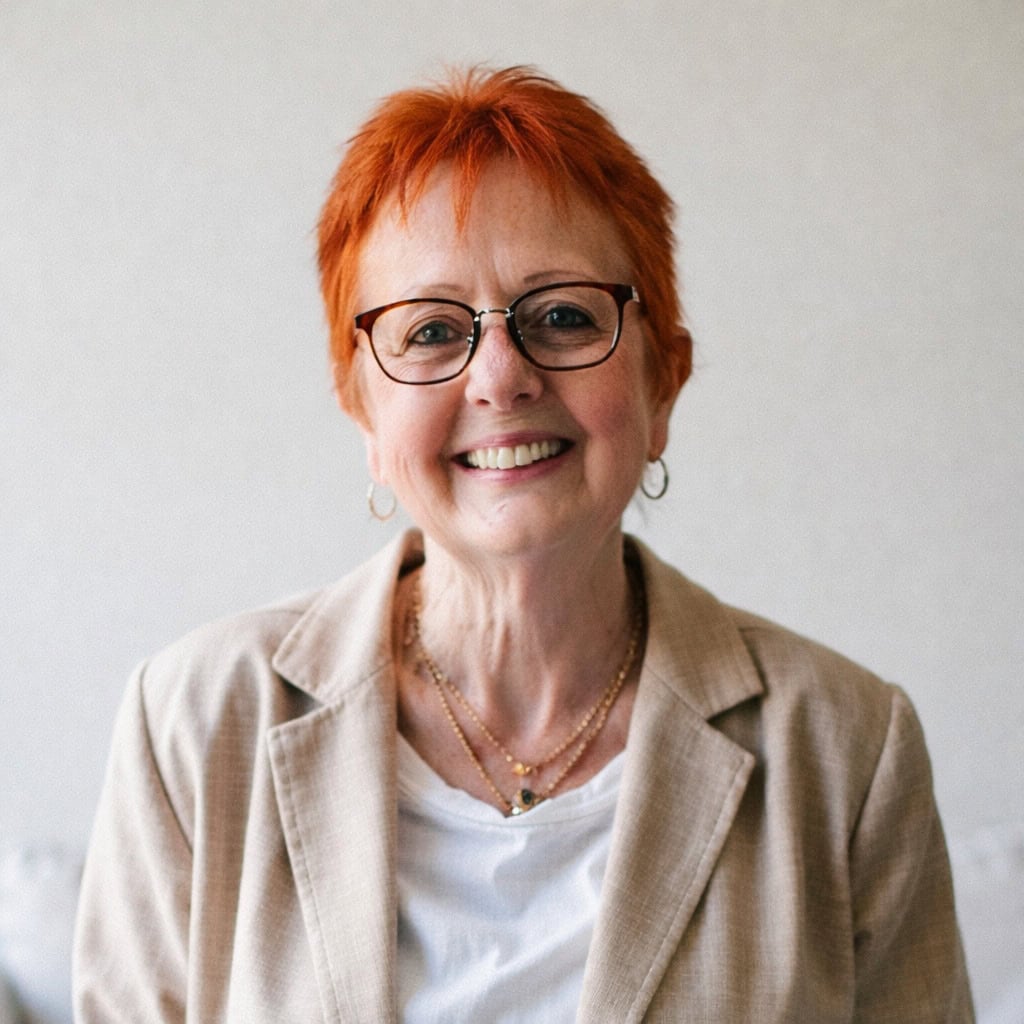 Photo of Ruth Brunner standing outdoors in a soft pink blazer, smiling warmly